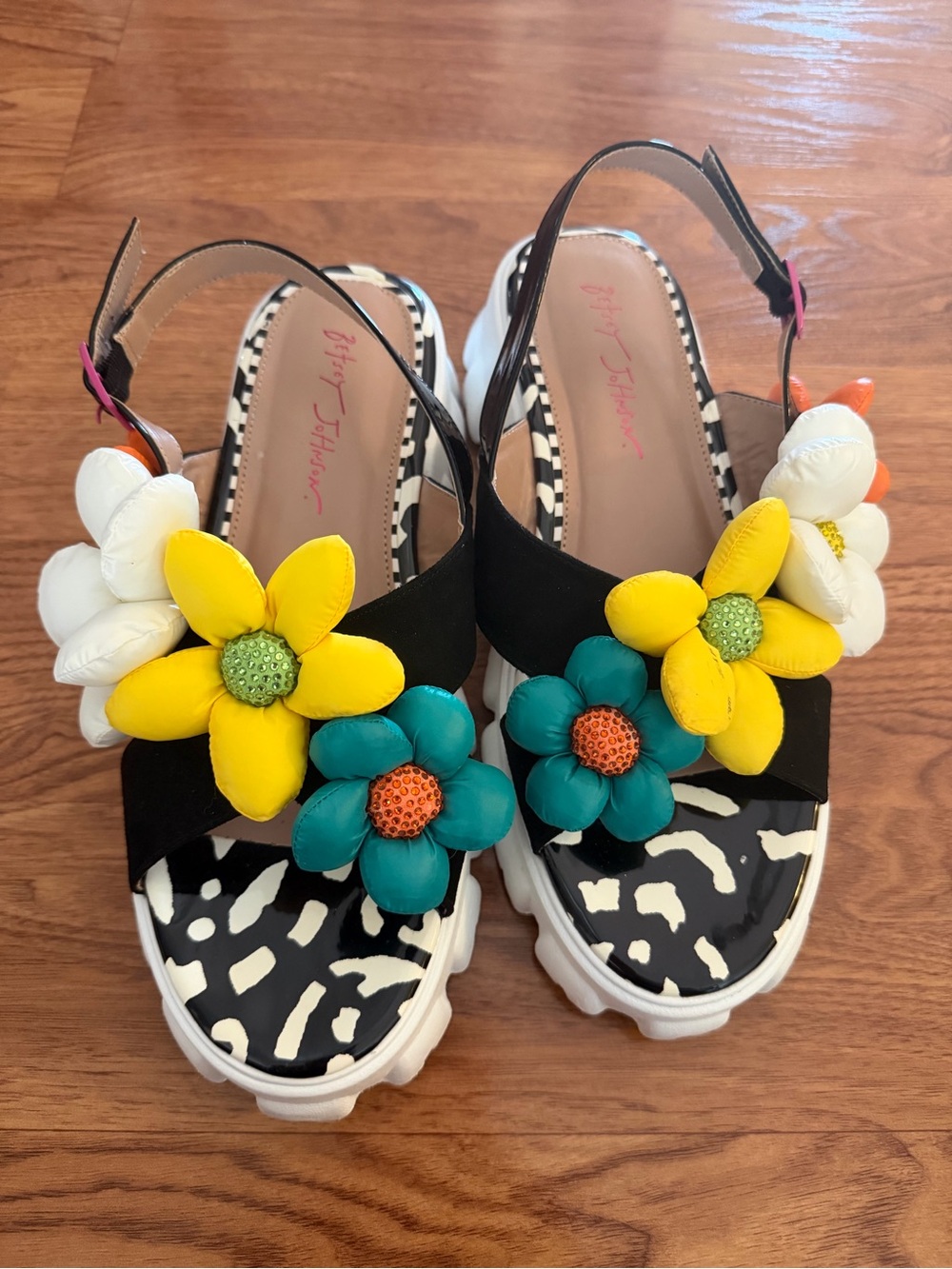 Betsey Johnson Black Sandal Platforms with Yellow, Teal & White Flower Appliqués